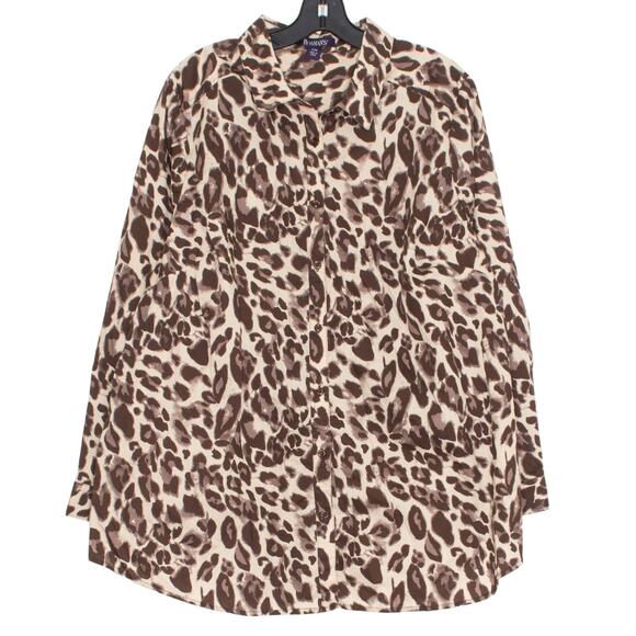 Roamans Top Leopard Classic Statement Safari Boho Versatile Button Up Brown 22W - Picture 1 of 6